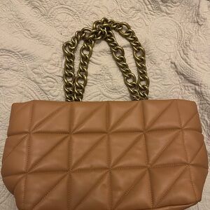 Zara Tan Quilted Shoulder Bag with Gold Chain